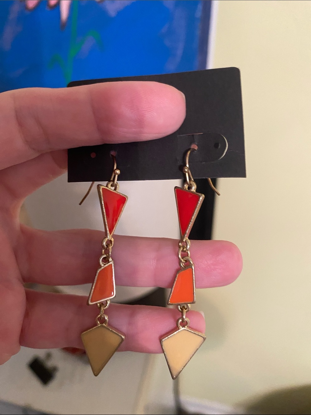 Geometric Drop Earrings in Red, Orange and Tan - Fashion Jewelry